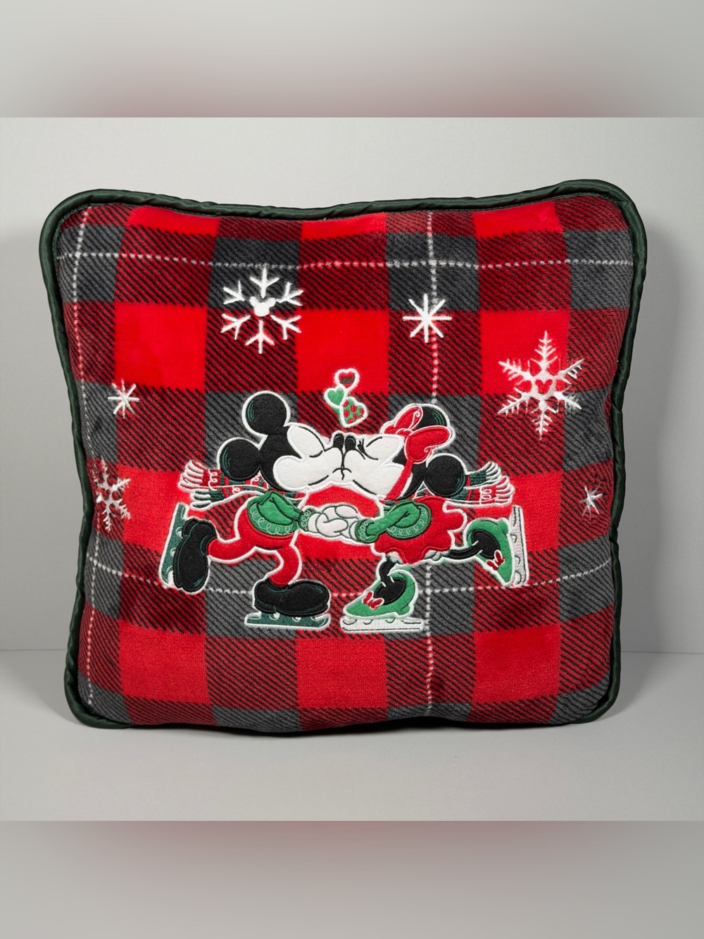 Disney Parks Mickey Minnie Mouse Christmas Pillow Plaid Ice Skating Embroidered